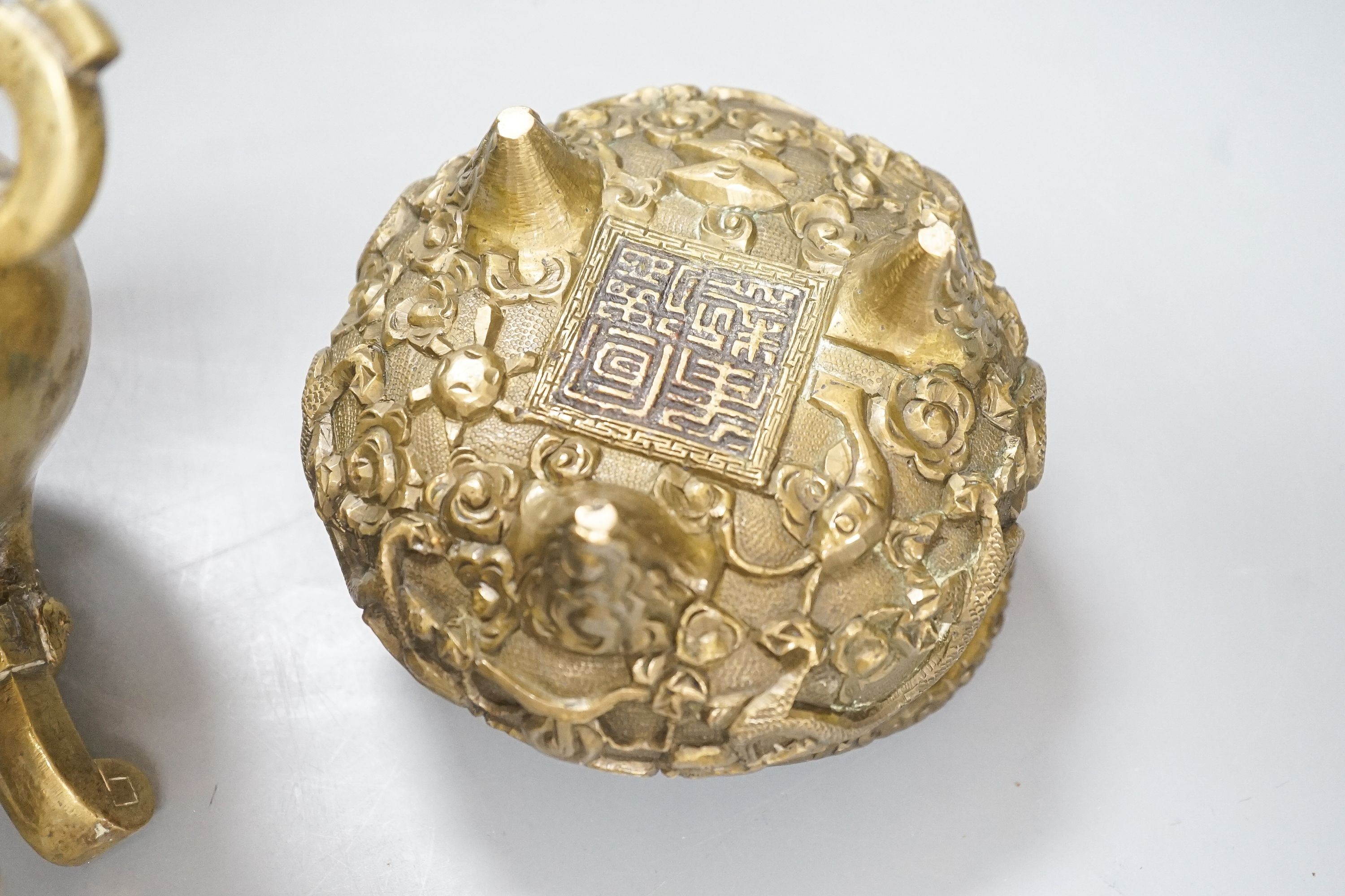 Two Chinese bronze tripod censers, Xuande marks but early 20th century, largest 21cm wide